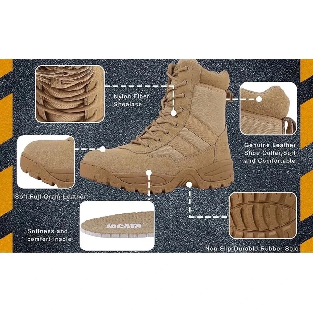 Jacata Mens Tactical Military Work Boots Sand Leather Side Zip Size 10